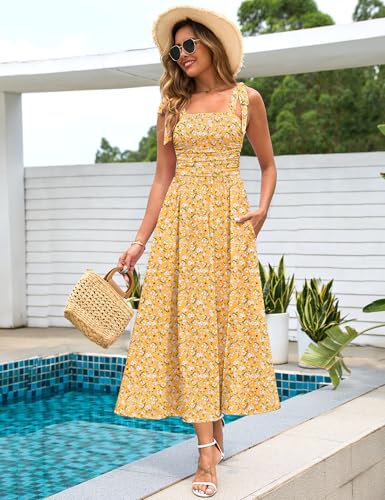 Zattcas Womens 2025 Summer Spaghetti Strap Floral Maxi Dress with Pockets Smocked Flowy Long Beach Vacation Sundresses2