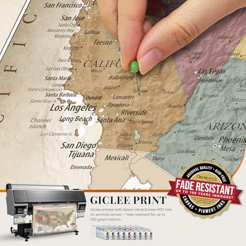 Image of DECORARTS - Large Personalized Push Pin Travel Map USA, Custom Name, Pin Board Canvas Wall Art, Vintage Pastel United States Decor, Optional Wood Frame, Giclee Print, Handcrafted in USA, 35x28''