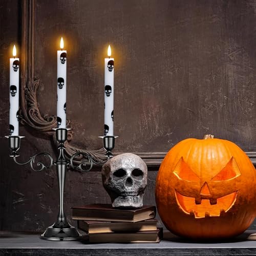 Image of GenSwin Halloween Flameless Taper Candles Remote Timer, 4 Pack Real Wax LED Taper Candles Battery Operated Flickering with Skull Prints, Flameless Candlesticks for Halloween Decor(0.75 inchx 9.65 inch)