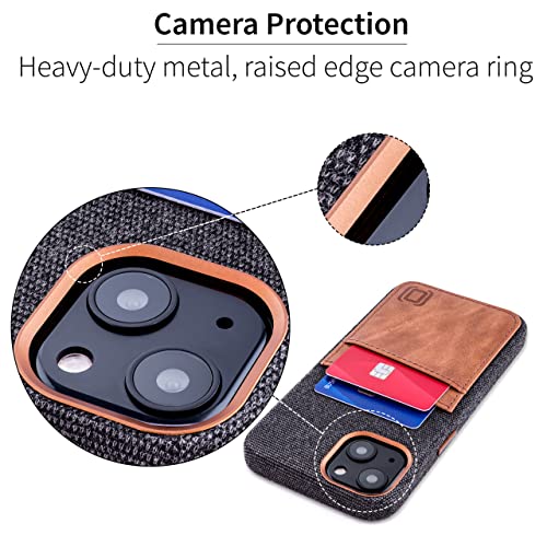 Image of Dockem Fabric Card Case for iPhone 13 with Built-in Metal Plate for Magnetic Mounting, Stitched-on Genuine Leather Wallet with 2 Credit Card /ID Slots: M2F 6.1 inch [Grey w /Light Brown]