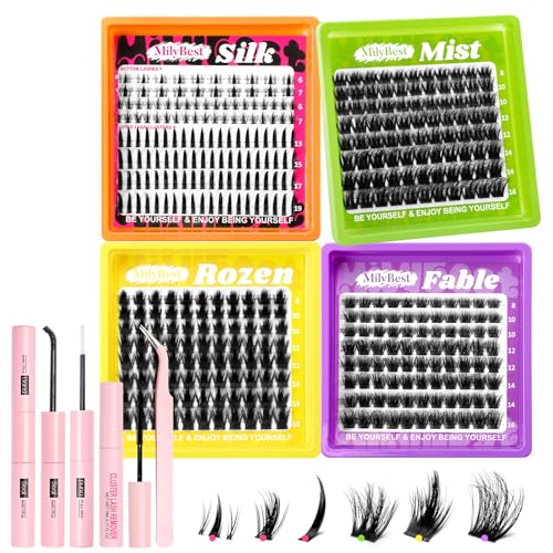 MilyBest 4 Styles Lash Clusters Kit Silk/Rozen/Fable/Mist Bottom Eyelash Clusters Extensions Mini Boxes with Lash Bond & Seal Remover and Lash Tweezer Spiky DIY Individual Lashes Extension Kit