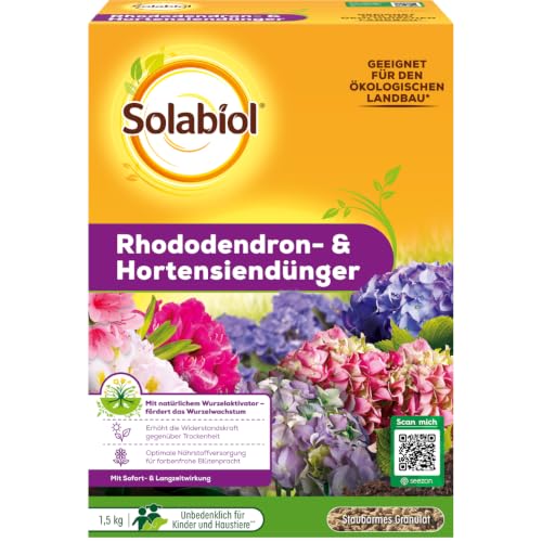 Solabiol Rhododendron- & Hortensiendünger, Spezialdünger mit Sofort- und Langzeitwirkung für Rhododendron, Hortensien und andere Moorbeetpflanzen, 1,5 kg
