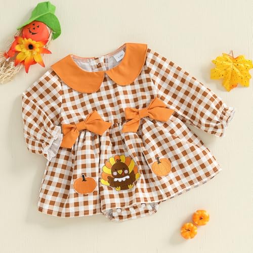 My First Thanksgiving Baby Girl Outfit Newborn Turkey Romper Dress Plaid Doll Collar Skirt Hem Jumpsuit Fall Clothes4