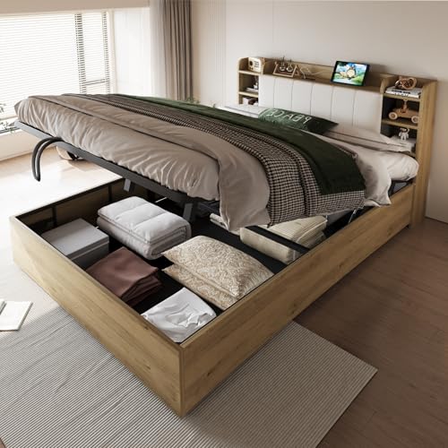 LAKFEW Camas Matrimoniales Cama 180x200 cm con Almacenamiento Hidráulico y USB, Cama Matrimonio con Compartimentos, Canape 180x200 y Listones de Madera, Color Madera, Sin Colchón