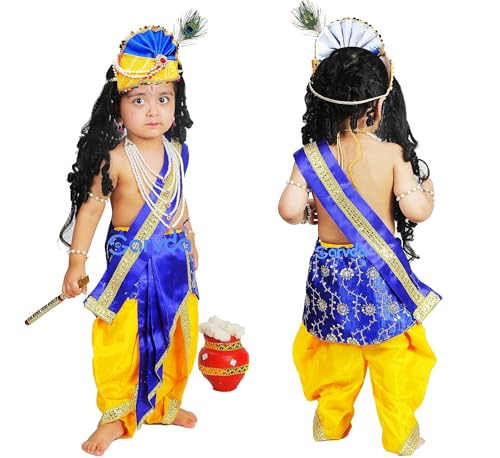 Image of Sarvda Shree Krishna Dress for Baby Boy & Radha Dress for Girls | Janamashtami Dress | Fancy Dress Costume with Accessories Dhoti, Dupatta, Mukut Flute Complete set, Ethnic wear