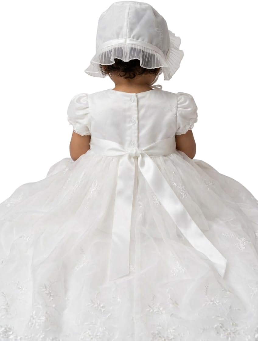 Baby Girls Ivory Baptism Gown & Bonnet Set Traditional Style Christening Outfit