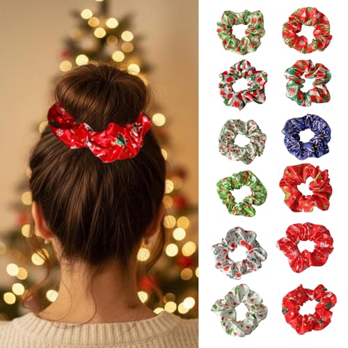 12 pcs Xmas Hair Scrunchies Santa Claus Snowman Christmas Hair Ties Soft Elastic Hair Bands Clips for Girls Women Christmas or New Year Party Favors