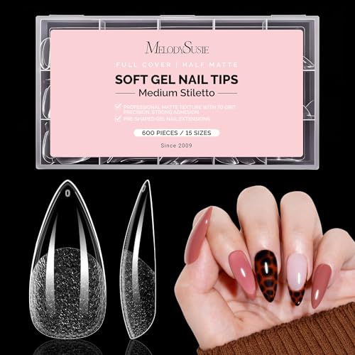 Image of MelodySusie Medium Almond Stiletto X Nail Tips - 600Pcs 15 Sizes Clear Acrylic, Half Matte Full Cover Press on Nails for DIY Extension & Salon Use, Pre-Shaped for Long-Lasting Manicure