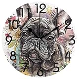 ZzWwR Grande orologio da parete rotondo da 25,4 cm, motivo bulldog francese nero, funzionamento a batteria, analogico, silenzioso, senza ticchettio, decorazione per casa, cucina, soggiorno, camera da