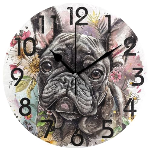 Reloj de pared redondo de 10 pulgadas con diseño de Bulldog francés miniatura 1