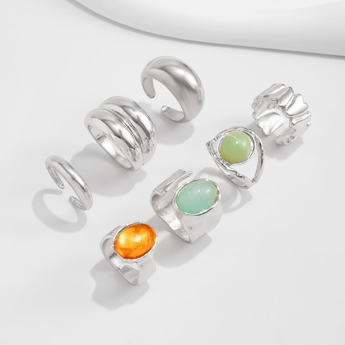Chunky Silver Rings for Women Set Adjustable Thick Statement Rings for Women Irregular Gemstone Stacking Rings Silver Accessories Chunky Jewelry - Image 3
