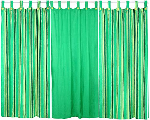 Image of Cotton Stripe and Solid Tab Top Loop Curtains Button Type Combo of 3 Pieces. (Green Multi, 4 x 5 ft - Window Curtain)