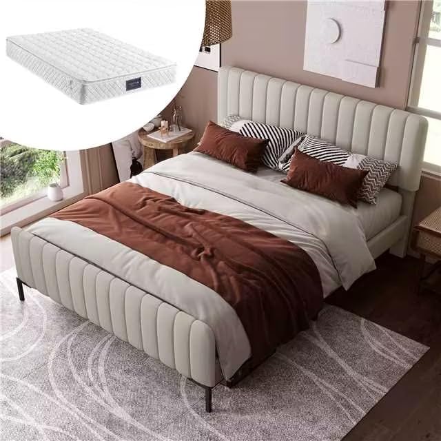 Pawom - Cama acolchada (140 x 200 cm, cama individual acolchada con cabecera ajustable, somier de láminas, tejido de lino y patas de metal resistentes, color gris