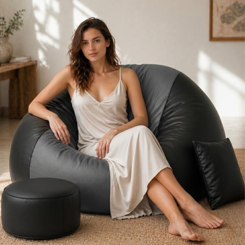 Image of Biggie Bean Bag 4XL Bean Bag Chair with Beans Filled - The Classics Bean Bag Sofa - Combo Set-Styled for Elegance with Free Cushion & Footrest (Matching Color : Xebro Dark-Grey-Black)