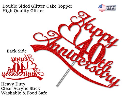 40Th Anniversary Cake Topper Red Glitter, 40 Wedding Anniversary Party Decoration Ideas, Premium Quality, Sturdy Doubled Sided Glitter, Acrylic Stick. Made In Usa (40Th Red) #TOP2