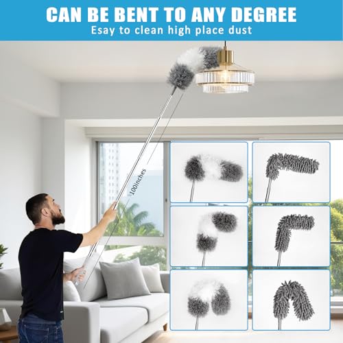 Image of Microfiber Duster Kit 36pcs with 30 to 100 in Extension Pole and Ceiling Fan Cleaner Duster, Washable and Bendable Feather Duster for Cleaning Ceiling Fans, High Ceilings, Blinds, Grey