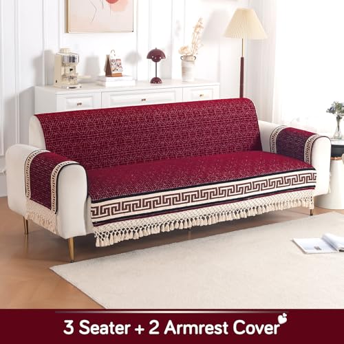 Image of HOKIPO 'Imperial Tassel Series' Thick & Soft Chenille Jacquard Sofa Cover 3 Seater Set for Seat, Back & Arms with Tassels, Royal Red (IN-1011 + IN-1012-I3*2)