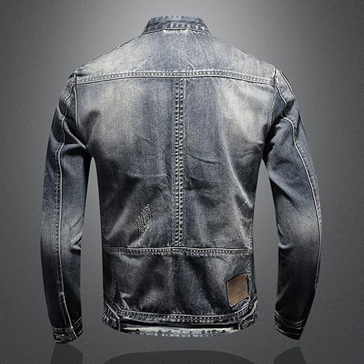 Men's Vintage Stand Collar Denim Jacket Casual Lightweight Distressed Motorcycle Coat Slim Zipper Warm Jean Jacket4