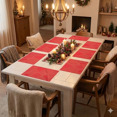 Image of YELONA Placemats for Dining Table - Heat Resistant, Non-Slip & Washable PVC Vinyl Table Mats - Set of 6, 45 x 30 cm (Rose Red)
