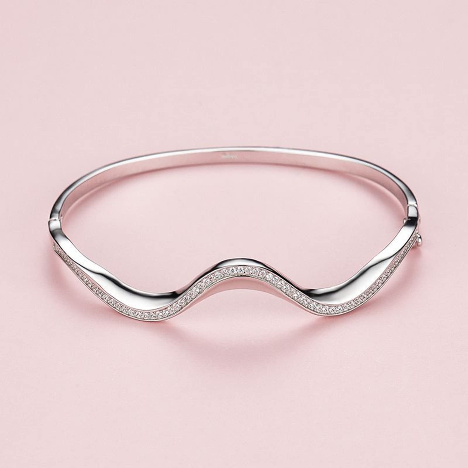 ZH1YFD Brazalete Pulseras de Plata de Ley Banda Ondulada con circonitas cúbicas Pulseras de Plata Mujer