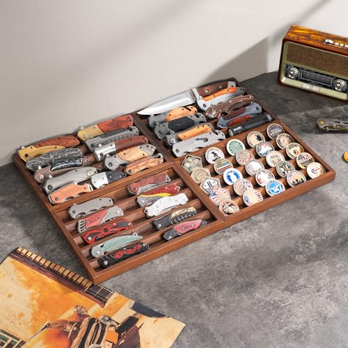 Image of Large Pocket Knife Organizer & Display Holder, Wooden EDC Tray for Folding Knives, Flashlights & Challenge Coins (Walnut, 1 Pack)