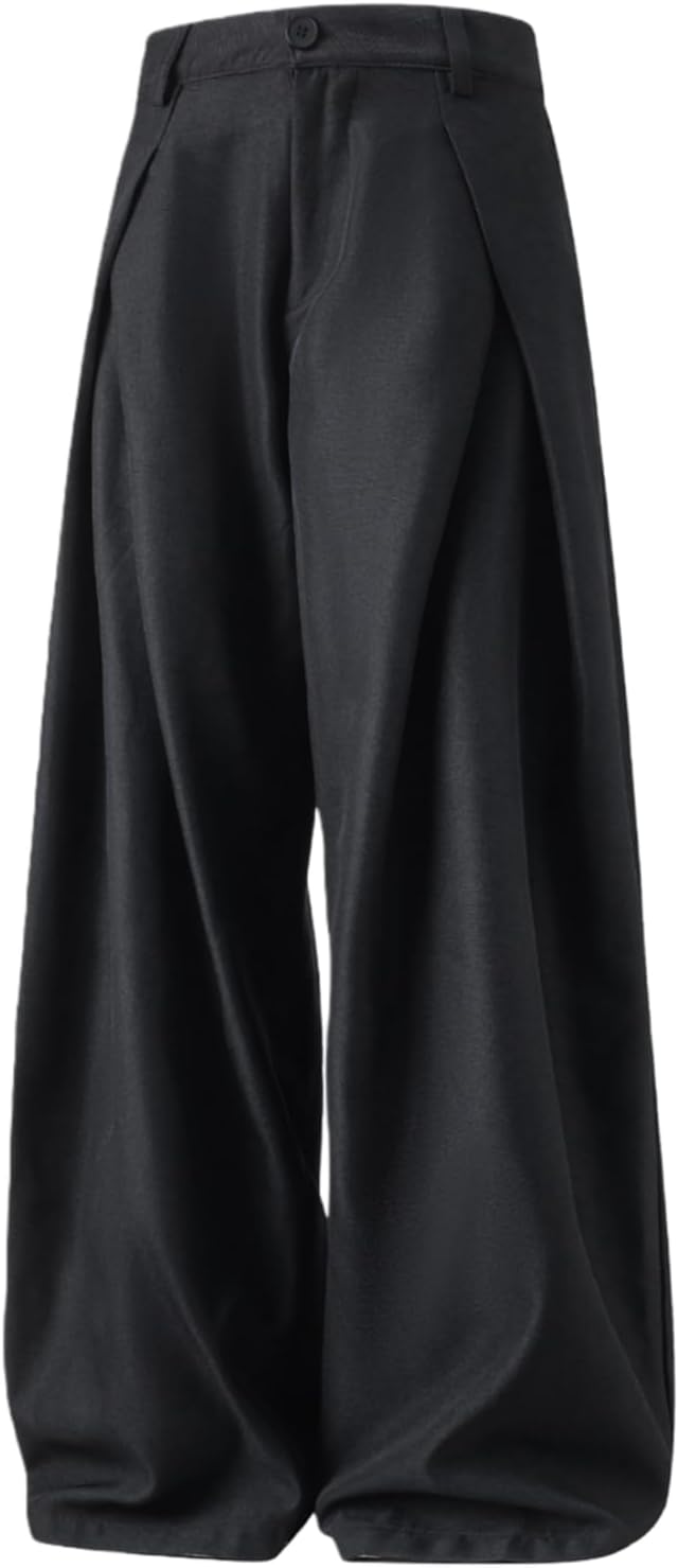 Mens Casual Pleated Wide Leg Old Money Baggy Pants, Zipper Fly Oversized Suit Pant Business Trousers with Pockets