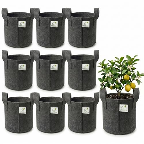 Image of 400 GSM Geo Fabric Round Grow Bags 9x9 Inch with Handle, Dark Grey Planting Bags for Terrace and Kitchen Gardening Pack of 10