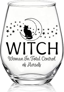 XQLZY Witch A Woman In Total Control Of Herself Stemless Wine Glass, Funny Feminist Wine Glass Gifts for Strong Women Mom Grandma Aunt BFF, Christmas Birthday Thanksgiving Gifts for Women Soul Sister