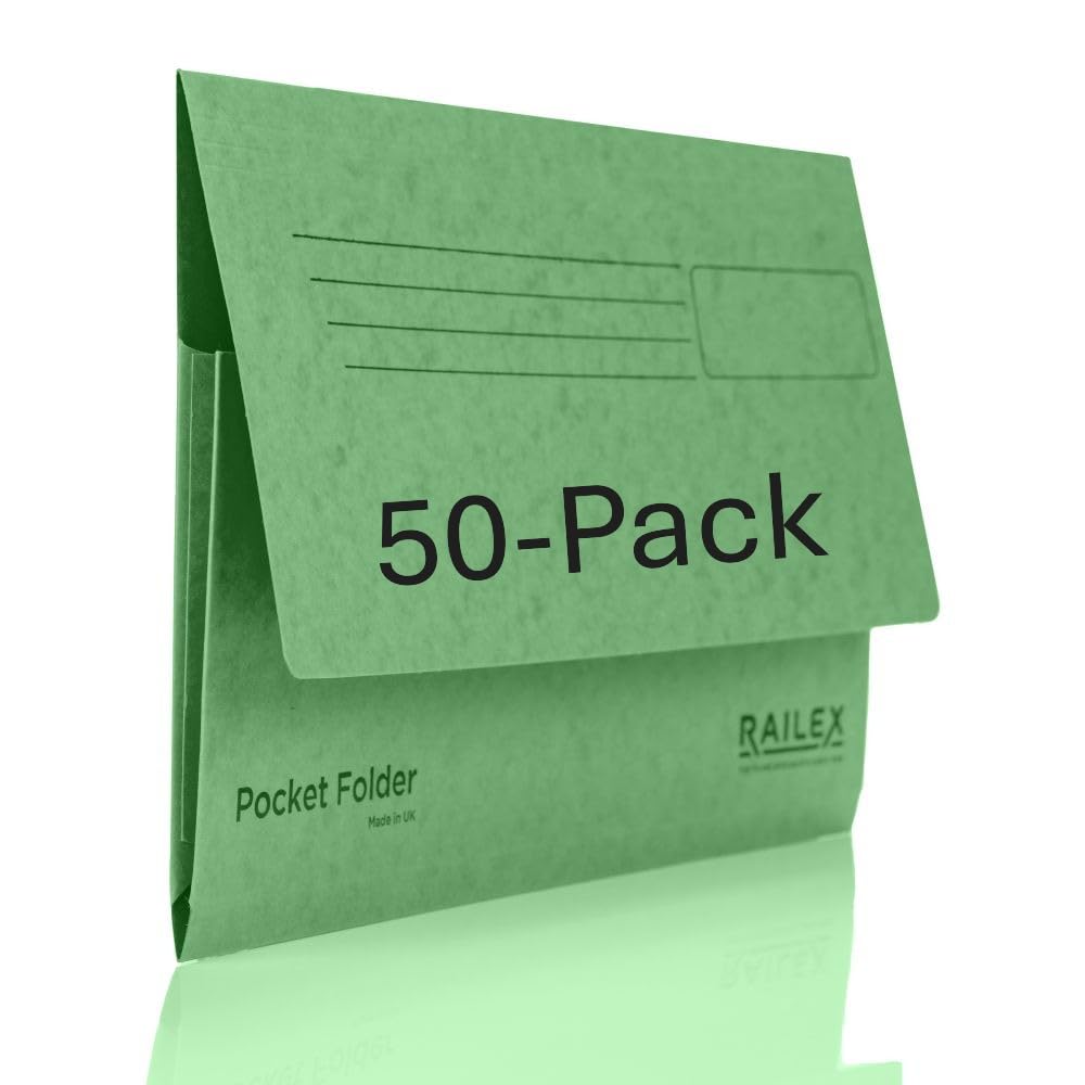 Railex Pocket Folder Foolscap Document Wallets - Emerald Folders Pack of 50 for Paperwork A4 and A4+, Recycled Board File Foolscap Document Wallet, Premium Filing Folder for Office and Home