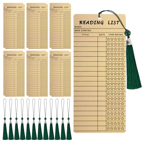 Book Lover Gifts Vintage Bookmarks 12 PCS Reading List Bookmark with 12 PCS Green Tassels Book Club Ideas Hosting Library Card Book Club Party Deacoration Favors Book Tracker Book Marker