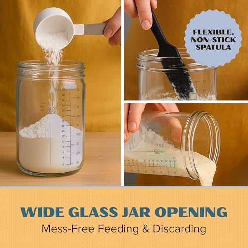 Image of Sourdough Starter Jar Kit 34oz - Wide Mouth Glass Jar with Thermometer Strip, Feeding Day Tracker, Silicone Spatula, Cloth Cover, Measuring Cups & Metal Lid for Homemade Artisan Sourdough Bread Baking