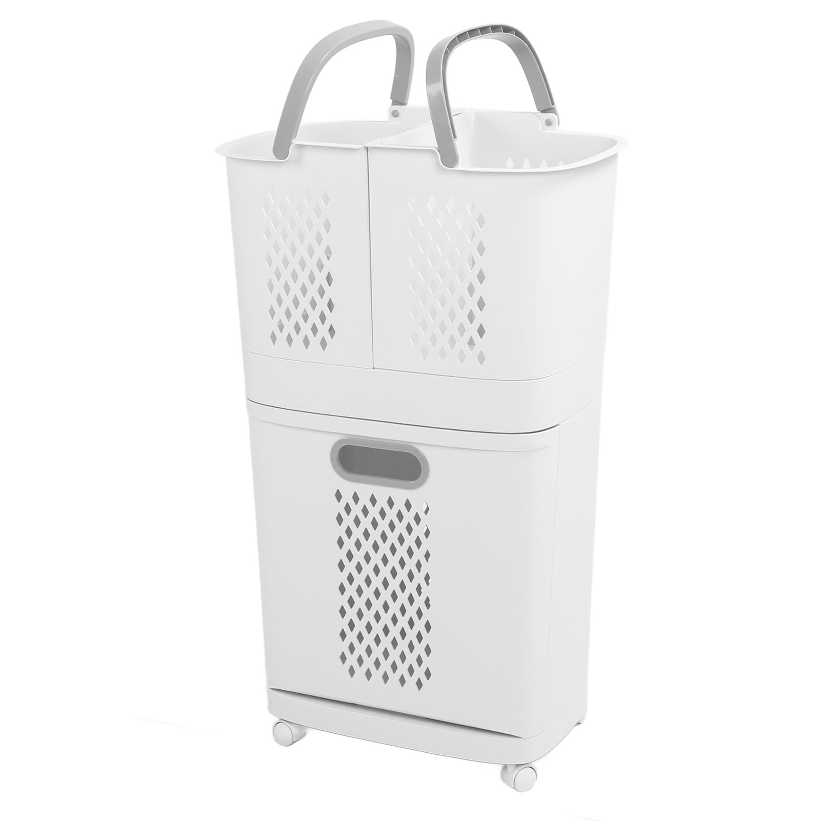 Cesto per la Biancheria in Plastica con Ruote, Spazioso Contenitore per Vestiti Sporchi per la Famiglia, 3 Contenitori per la Selezione, Facili da Spostare