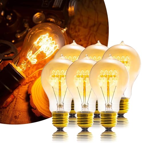 Sevici Edison Bulb, A19 Bulbs 6 Pack, Retro Style Incandescent Light Bulbs,Dimmable 120V 40W Antique Vintage Light Bulb, 240 Lmens E26 Base, Amber 2200K Warm White Light, for Home Office Desk Lamp
