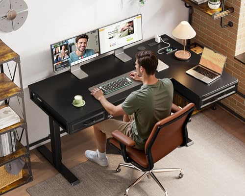Image of OffiGo 55 Inch L Shaped Standing Desk with 4 Wooden Drawers, Black