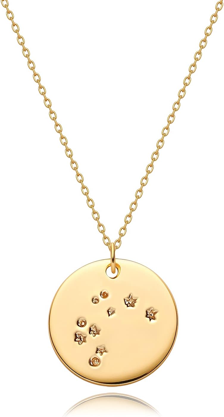 Gold Necklace Coin Disc Zodiac 12 Constellation Star Connected Engraved Horoscope Sign Astrology Pendant 18K Gold Plated Chain Dainty Personalized Simple Jewelry