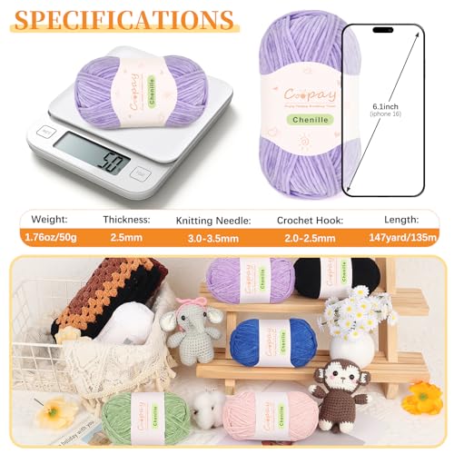 Image of Coopay Skinny Chenille Yarn for Crocheting and Knitting, 12 Pack of 50g /1.76oz - 1764yd Total, Crochet Yarn of Light Weights - Suitable for Baby Blankets, Plush Toys, Garments - Super Soft (Purple)