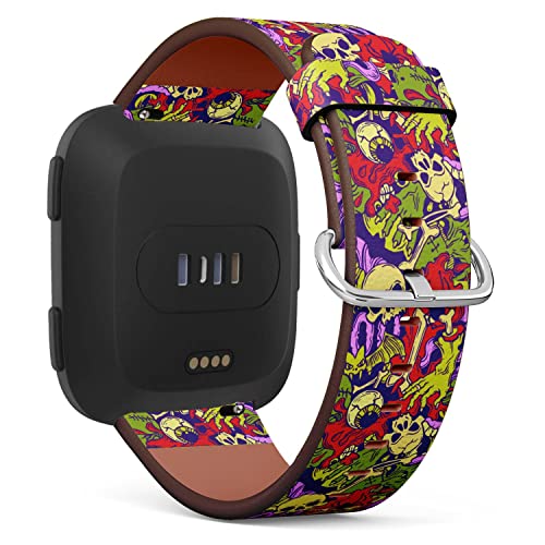 Compatible with Fitbit Versa 2 / Versa / Versa Lite / Versa SE Patterned Leather Replacement Band (Halloween pattern with horror skull and eyeball elements)