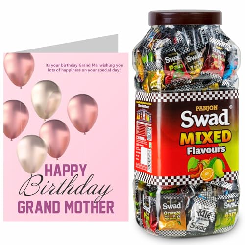 Image of Swad Happy Birthday Dadi Grand Mom Gift with Card (Swad Mixed Flavours Candy 200 Jar & 1 Greeting card) 2 units
