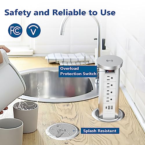 BTU Pop Up Outlet for Countertop, 4 Inch Hole Receptacle Power Strip with USB C & 4 AC Outlet, Pull Popup Outlet Recessed Power Socket with 10W Wireless Charger for Kitchen Conference Office