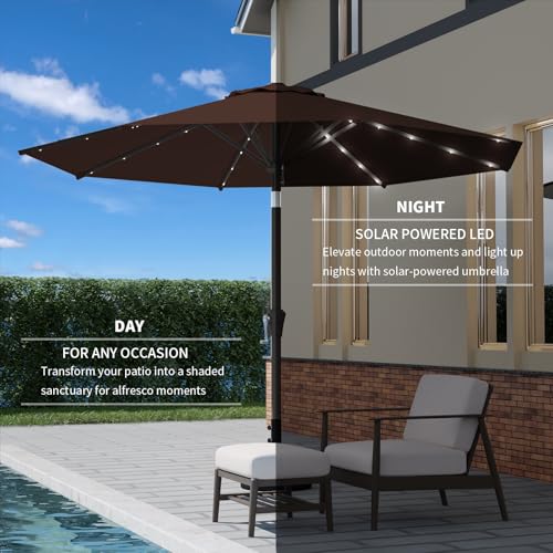 Image of 9FT Patio Umbrella with Solar Lights,Outdoor Market Umbrella with Tilt and Crank, LED Lighted Table Umbrella for Garden,Deck,Backyard,Pool,Beach (Brown)