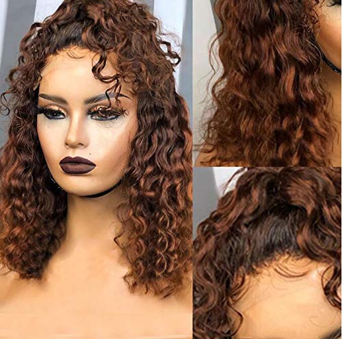 Ombre Color Short Water Wave Bob Wig13x6 Curly HD Lace Front Human Hair Wigs With Baby Hair Plucked Remy Brazilian Lace Bob Wigs 150% Density 1B/30 Color (12 Inch)