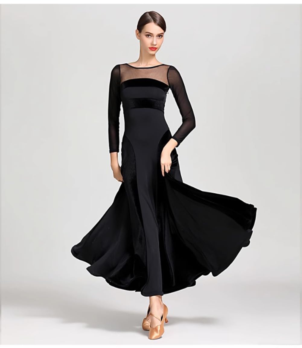 NAKOKOU Women's Ballroom Dance Competition Dress Modern Waltz Tango Standard Dress Long Sleeve Performance Costumes(Black,S)