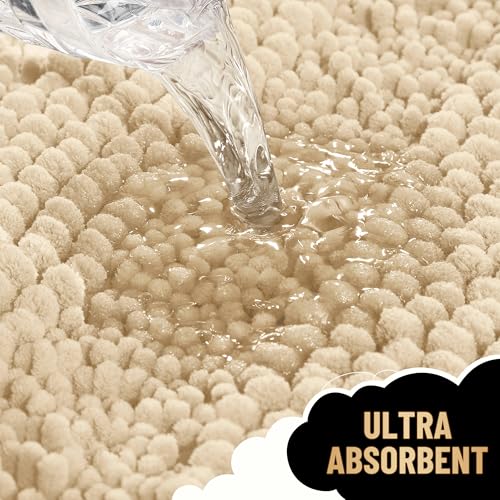 Image of OLANLY Thick Bathroom Runner Rugs 47x17, Extra Absorbent Chenille Striped Bath Rugs, Rubber Backing, Machine Wash Dry, Long Bath Mats for Bathroom Floor, Tub and Shower, Home Decor Accessories, Beige