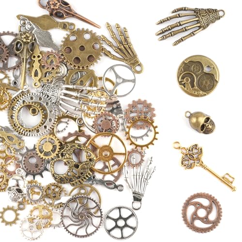 Tikplus Steampunk Deko, 76 Stück Steampunk Accessoires, Metall Zahnräder Anhänger, Retro Zahnrad Deko, Steam Punk Charms zum Basteln, Anhänger für Schmuckzubehör Handwerk