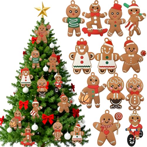 Ehuixinsheng 12Pcs Christmas Tree Ornaments Gingerbread Christmas Decorations Mini Gingerbread Men Designs with Strings Hanging Ornaments for Xmas Tree Decors