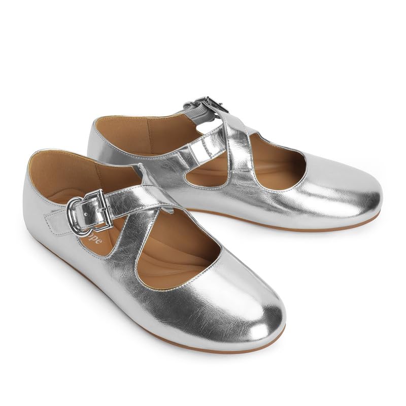 Modatope Womens Ballet Flats Silver Mary Jane Flat Shoes for Women Dressy Work Comfortable Round Closed Toe Strappy Ballerina Flats Size 8