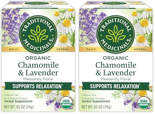 Traditional Medicinals Organic, Chamomile & Lavender - Chamomile Tea Supporting Stress Relief and Relaxation - Kosher, Non-GMO, Caffeine-Free, Compostable - 16 Tea Bags (Pack of 2)