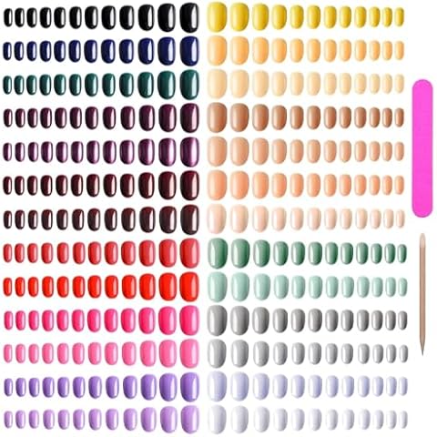 EBANKU 960pcs Short Colorful False Nails for Women Oval Press on Nails Glossy Acrylic Full Cover Artificial Fake Nail Tips with Nail File Nail Stick Cover