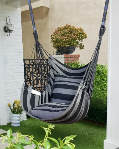 Halalona Hammock Chair Hanging Hammock Chair Rope Swing 2 Cushions Included-Sturdy & Durable Soft Cotton Hand Woven Hammock Swing for Bedroom, Porch, Patio-Indoor/Outdoor - Thumbnail 2