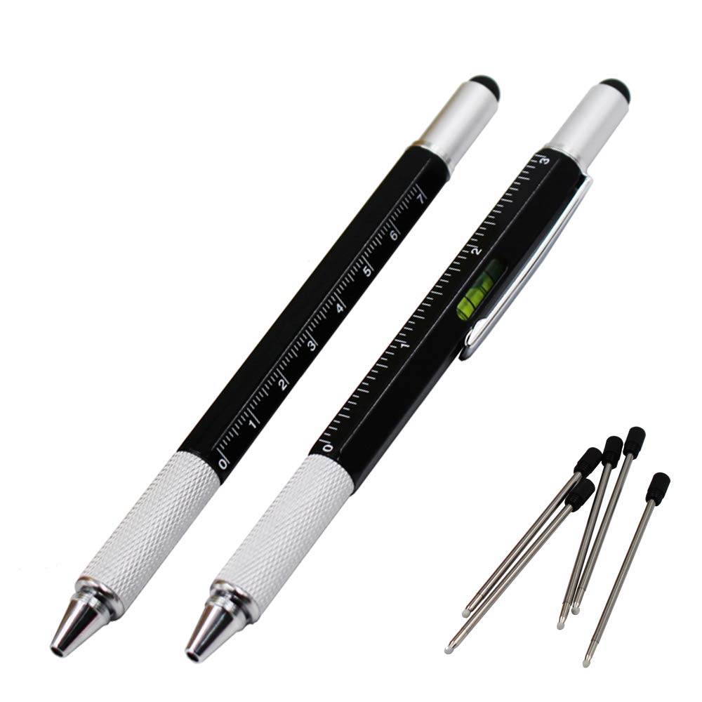 2PCS PACK 6 in 1 Screwdriver Tool Pen - Mini Multifunction Pen with Stylus, Flat and Phillips Screwdriver Bit, Bubble Level and inch cm Ruler all in one (Model A, Black)